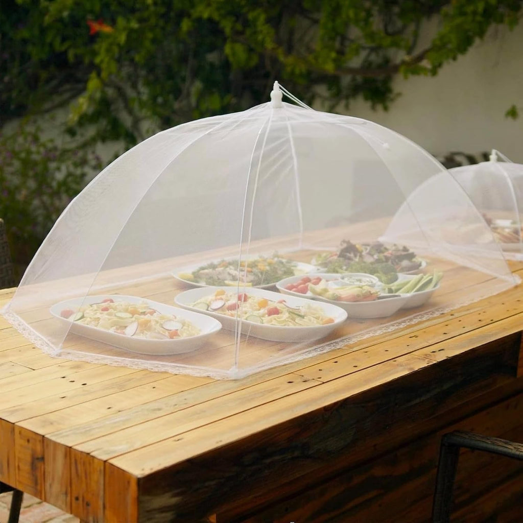 Simply Genius Pop-Up Mesh Food Covers for Outdoors - 6 Pack Extra Large 39" x 24", White, Collapsible & Reusable - Buffet Food Covers & Bug-Net Tent for Picnic, Party & Camping
