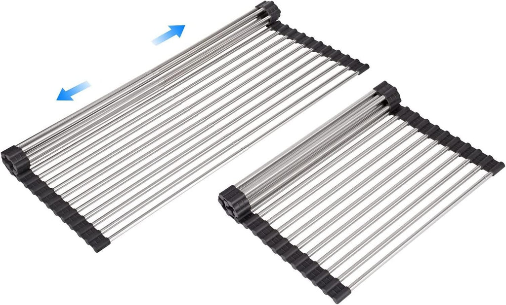 Large Telescopic Drain Rack Roll Up Rack Heat-Resistant Dish Drainer Kitchen Sink Rack Over The Sink Dish Drying Rack Stainless Steel Dish Rack (18 Tube 21.25''x12.79'')