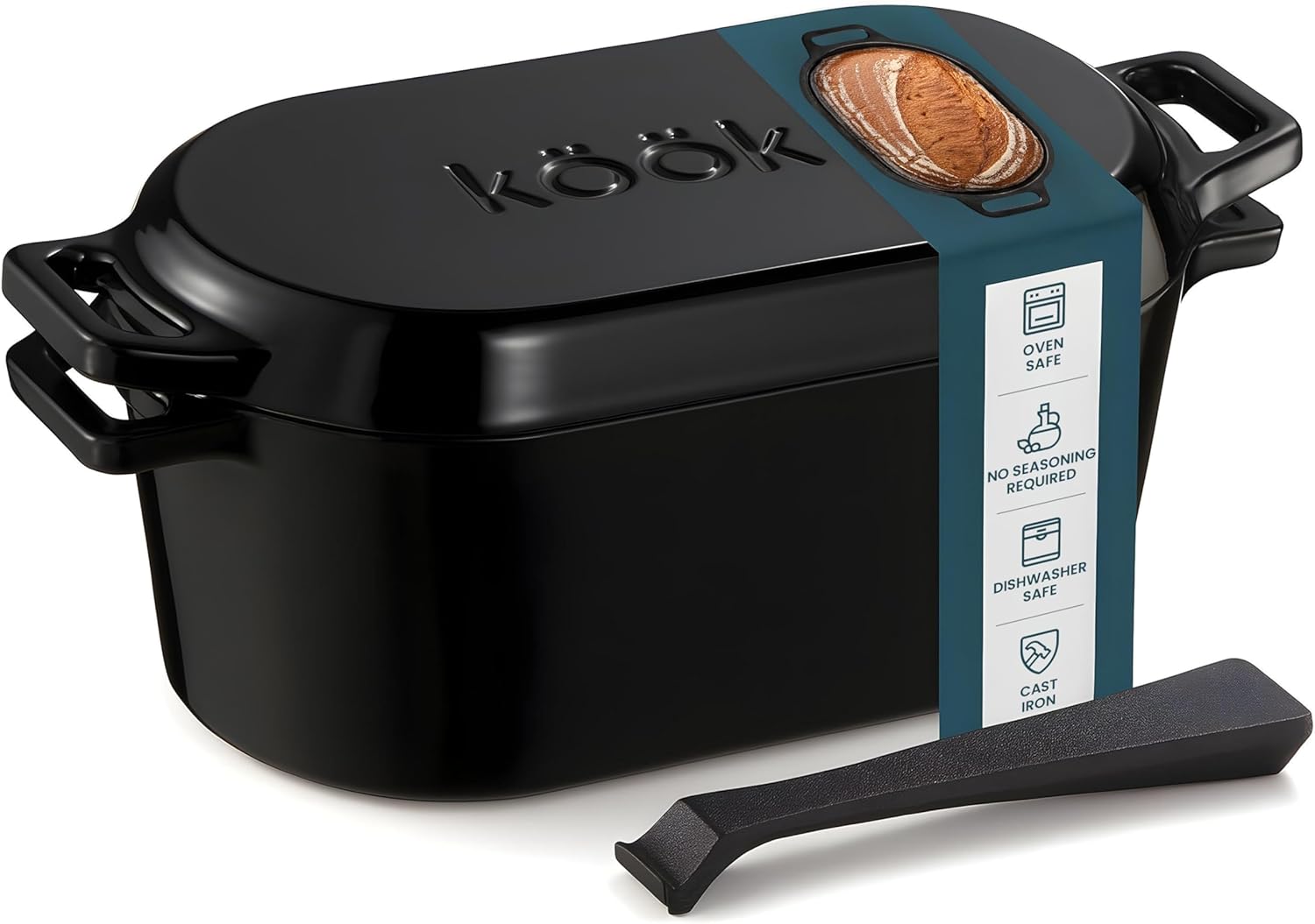 KooK Dutch Oven, Oven for Sourdough Bread Baking, with Lid, Dual Handles, Enameled Cast Iron, includes Lid Lever, Great for Baking Bread, Cooking and Roasting, Dishwasher Safe, 3.4 Qt, Black