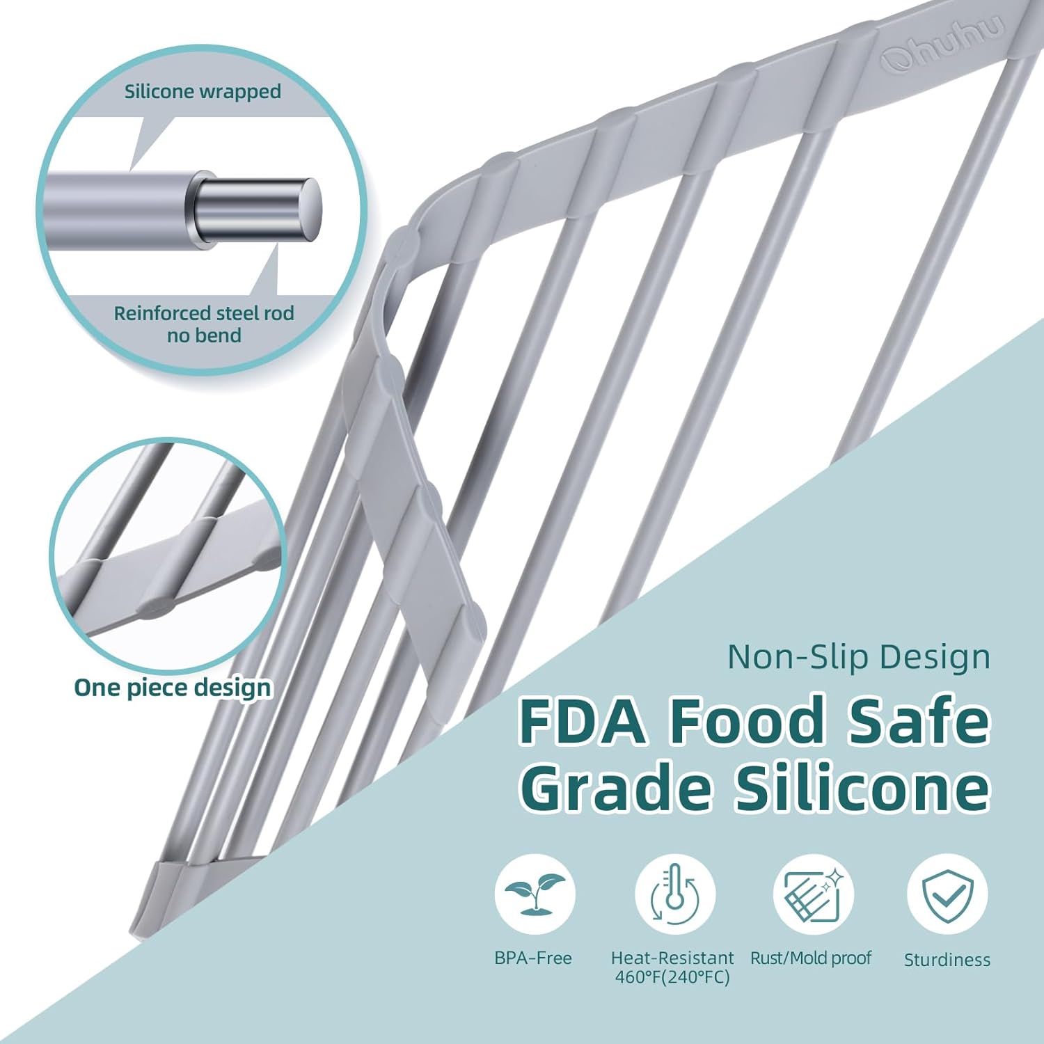 Ohuhu Triangle Roll Up Dish Drying Rack, Anti-Slip Organizer for Kitchen Sink Drying Rack with Full Silicone Wrapped for Top of Sink Coner Grey