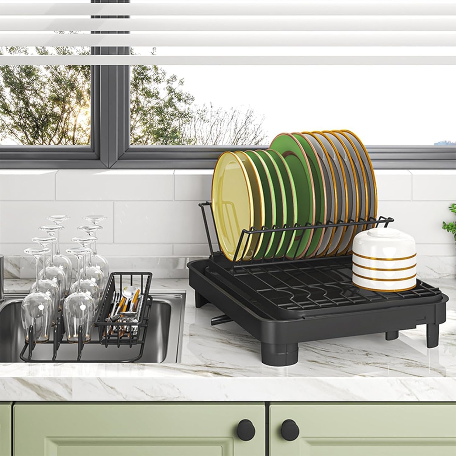 LEMIKKLE Dish Drying Rack, Large-Capacity Dish Drainer with Cutlery Holder Rotatable Water Drainer for Kitchen Counter,20.5" D x 16.1" W x 5.5" H