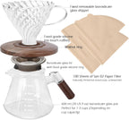 Pour Over Coffee Maker, 20 oz Borosilicate Glass Set with 100 pcs V60 Paper Filter, Coffee Dripper with Walnut Collar, Coffee Pot with Glass Lid, 1-3 Cups, Clear, (600 ml)