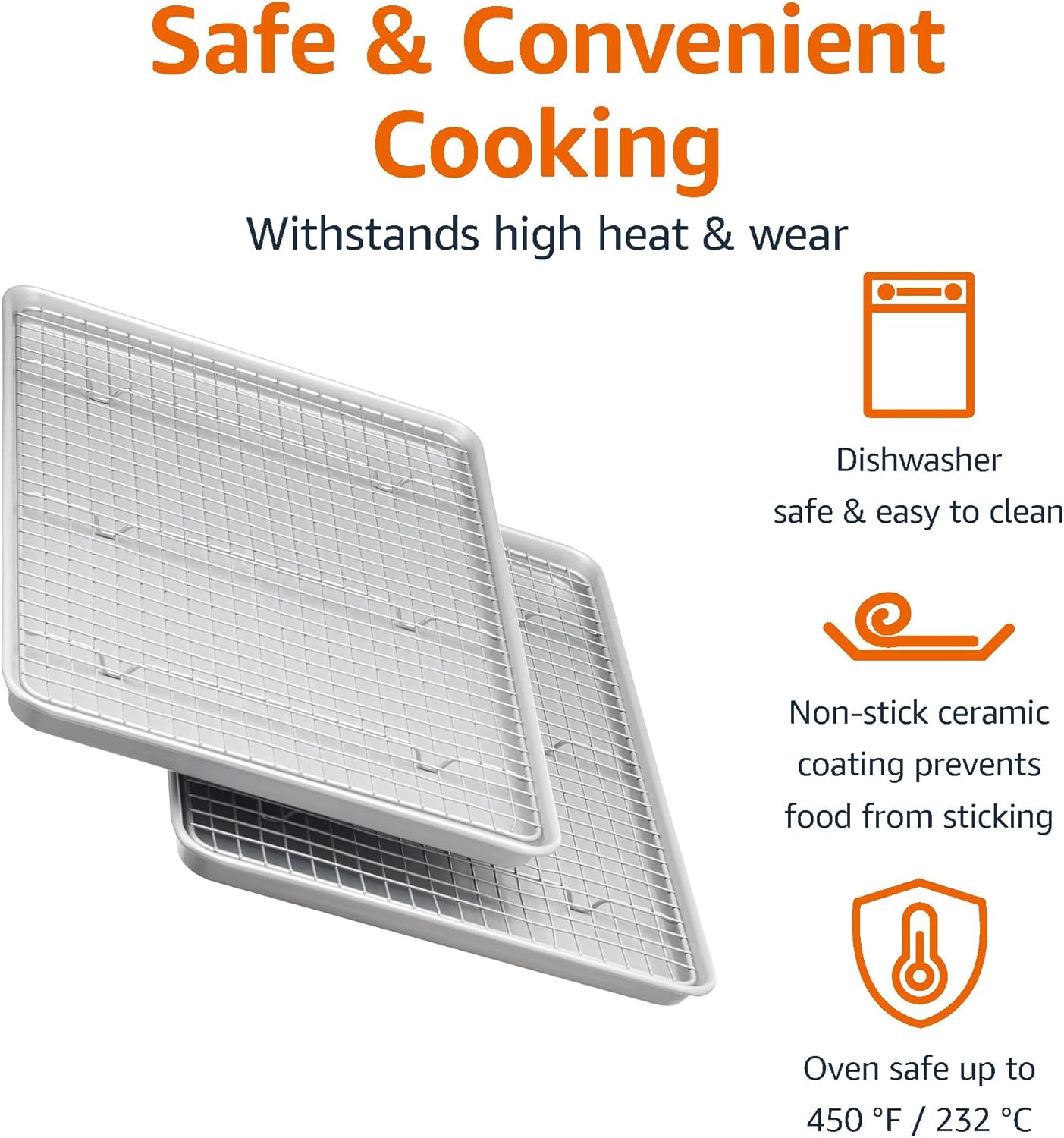 Amazon Basics Ceramic Nonstick Baking Sheets & Cooling Rack Set, Non-Toxic, Half Sheet Size, 2-Pack, Gray