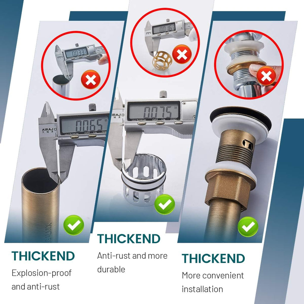 Antique Brass Pop UP Drain, Bathroom Vessel Lavatory Vanity Faucet Sink Stopper, Built-in Anti-Clogging Strainer, Fits Standard American Drain Hole(1-1/2" to 1-3/4"),Without Overflow RWF082S