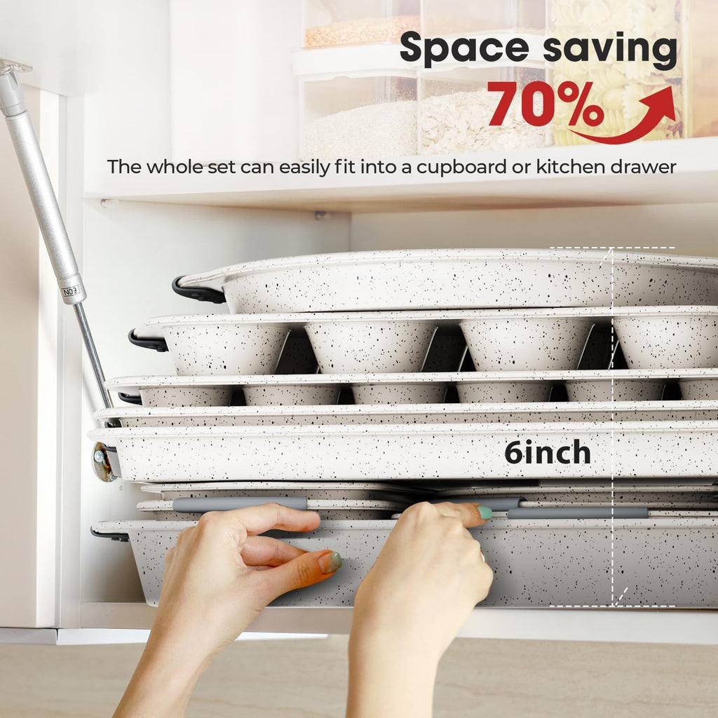 10-Piece Nonstick Baking Pans Set, Stackable Non Toxic Bakeware Sets with Cookie Sheets, Cake Pan, Loaf Pan, Pizza Pan, Muffin Pan, White&Gray