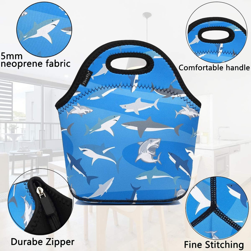 FlowFly Neoprene Kids Lunch box Insulated Soft Bag Mini Cooler Thermal Meal Tote Kit for Boys, Girls,Men,Women,School,Work, Office, Shark