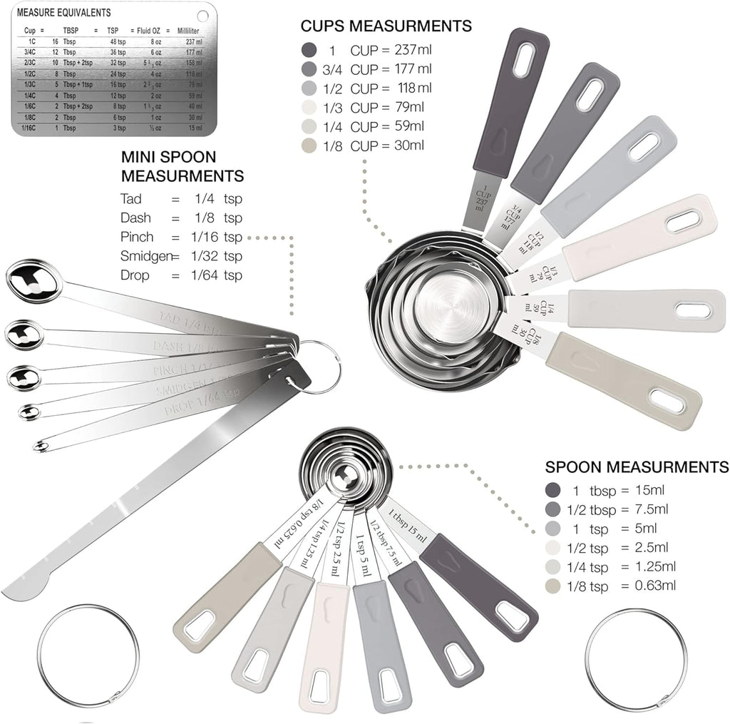 22-Piece Stainless Steel Measuring Cups and Spoons Set, Tad Dash Pinch Smidgen Drop Mini Measuring Spoons, Measuring Stick Leveler, Measurement Conversion Chart Fridge Magnet, (Charcoal)