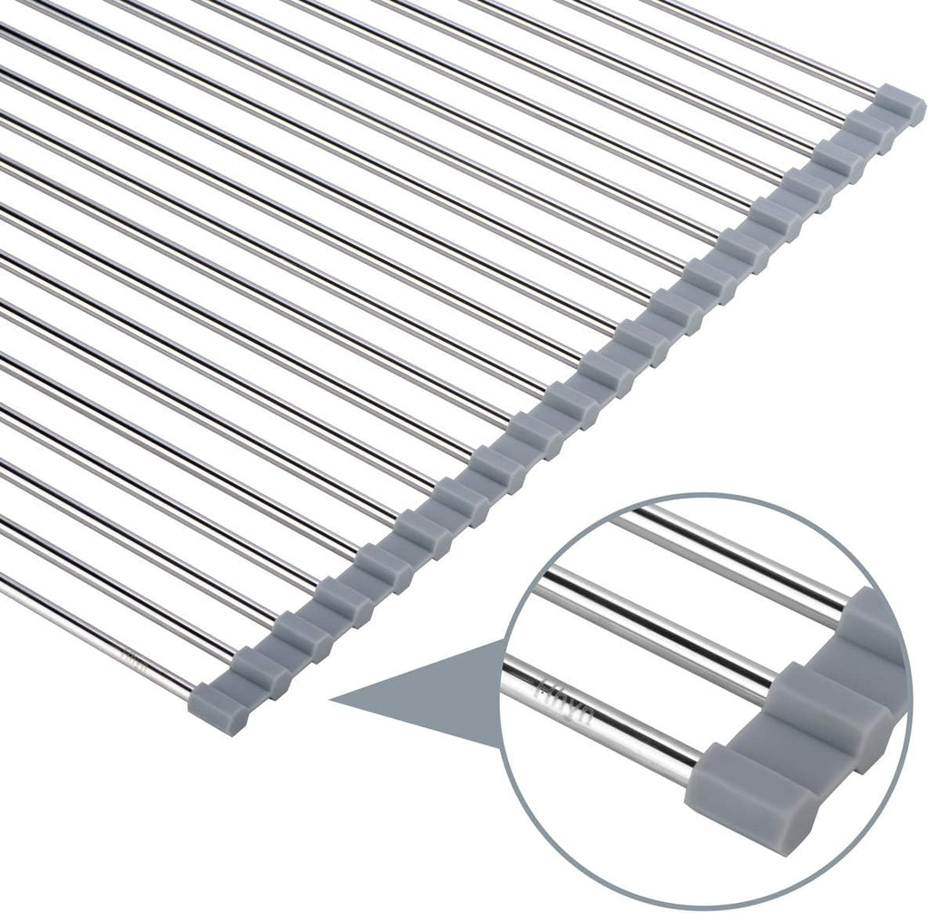 Roll Up Dish Drying Rack Over The Sink 17.7"(L) x 15.6"(W), Multipurpose Foldable Stainless Steel Kitchen Rollable Drainer Rack, Gray