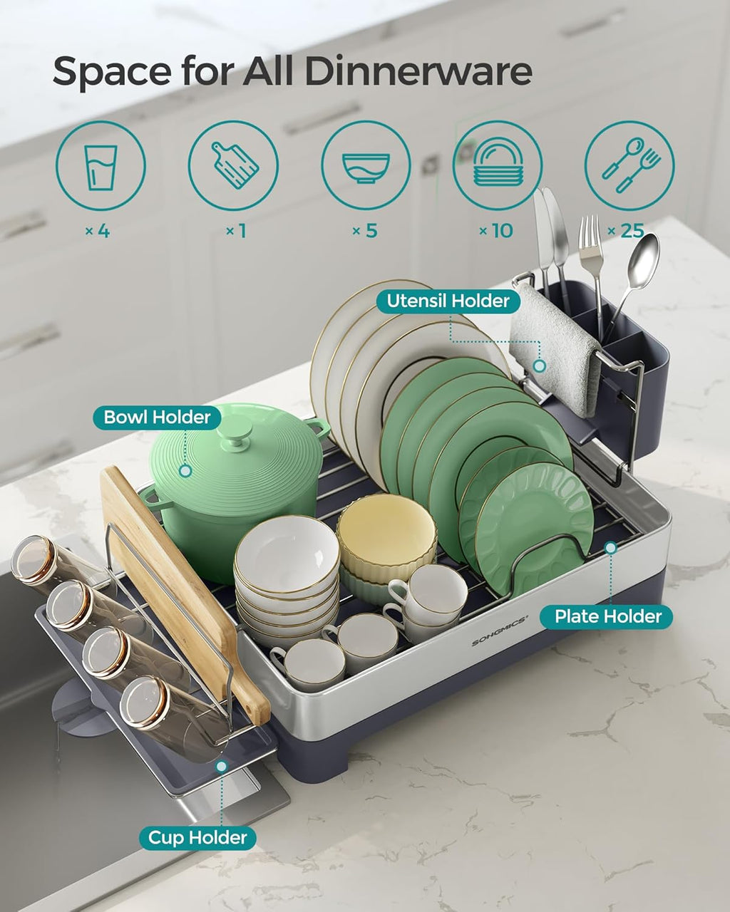 SONGMICS Large Dish Drying Rack, Premium Stainless Steel Dish Rack with Rotatable Spout, Fingerprint-Resistant Dish Drainers for Kitchen Counter, 12.5 x 22.5 in, Silver and Gray UKCS030E01