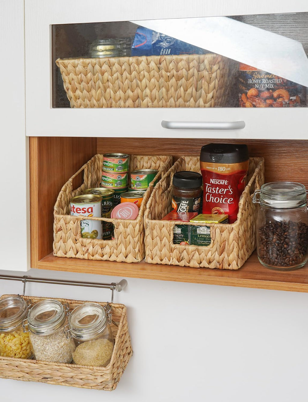 StorageWorks Pantry Baskets for Organizing, Wicker Basket with Built-in Handles, Handwoven Wicker Storage Baskets, Water Hyacinth for Shelves, 2 Pack