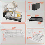 2-Tier Dish Drying Rack for Kitchen Counter, 304 Stainless Steel with Adjustable Drainboard, Removable Utensil Holder & Water Filter Tray, Black