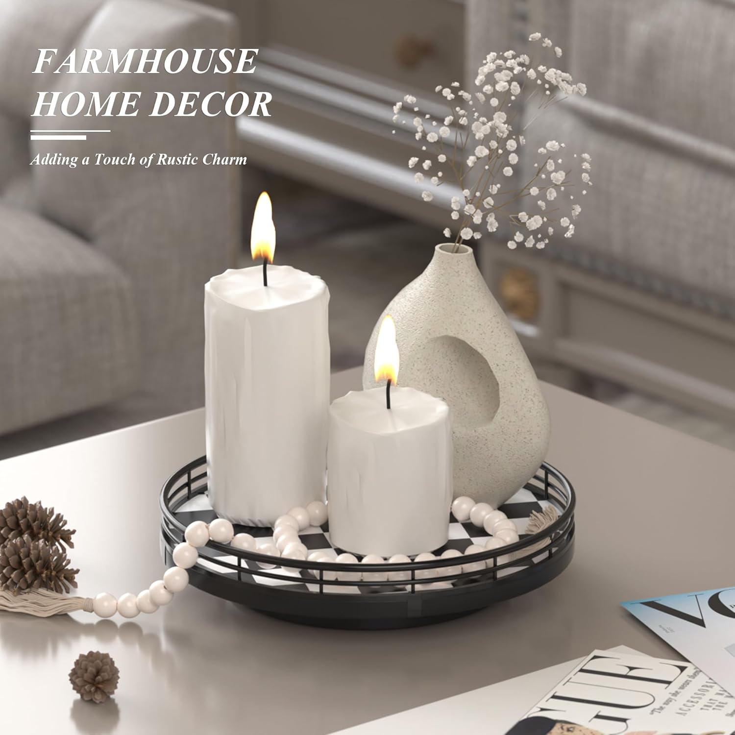 Black and White Kitchen Lazy Susan Turntable – Checkered Round Decorative Tray, 9" Table Top Oak Wood Lazy Susan for Cookies, Dining Table Organizer, Small Kitchen Table Centerpiece