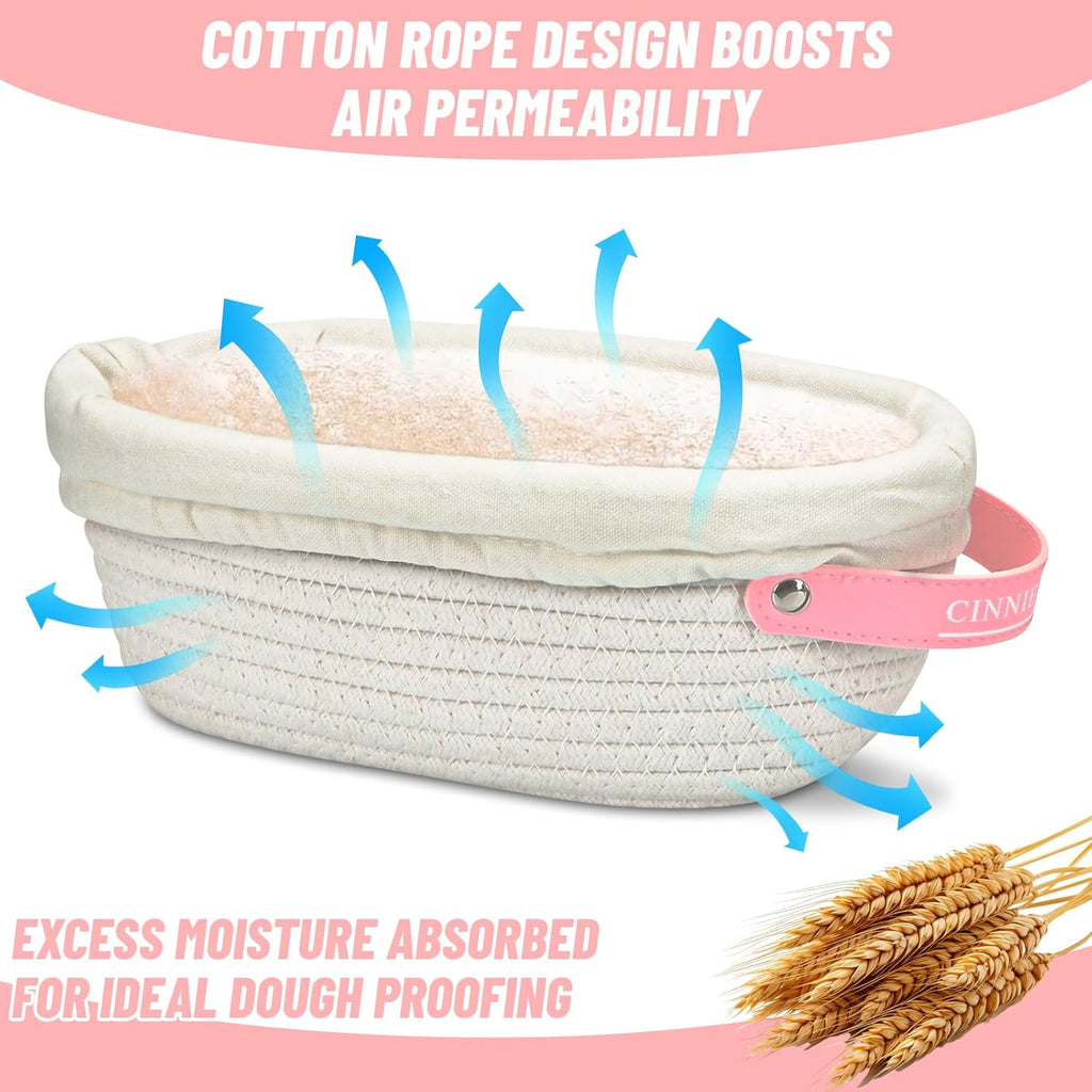 Bread Proofing Basket, 2 Set, Oval & Round Baskets with Cloth Liners & Pink Covers - Artisan Sourdough Baking Supplies, Decorative Baking Tools for Kitchen & Gift for Baker