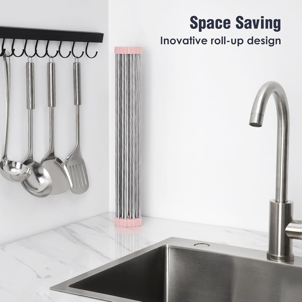 Tomorotec 17.7" x 12.5" Roll Up Dish Drying Rack Over Sink Drying Rack Sink Cover Kitchen Sink Accessories Gadget Multipurpose Organizer Foldable Stainless Steel Drainer