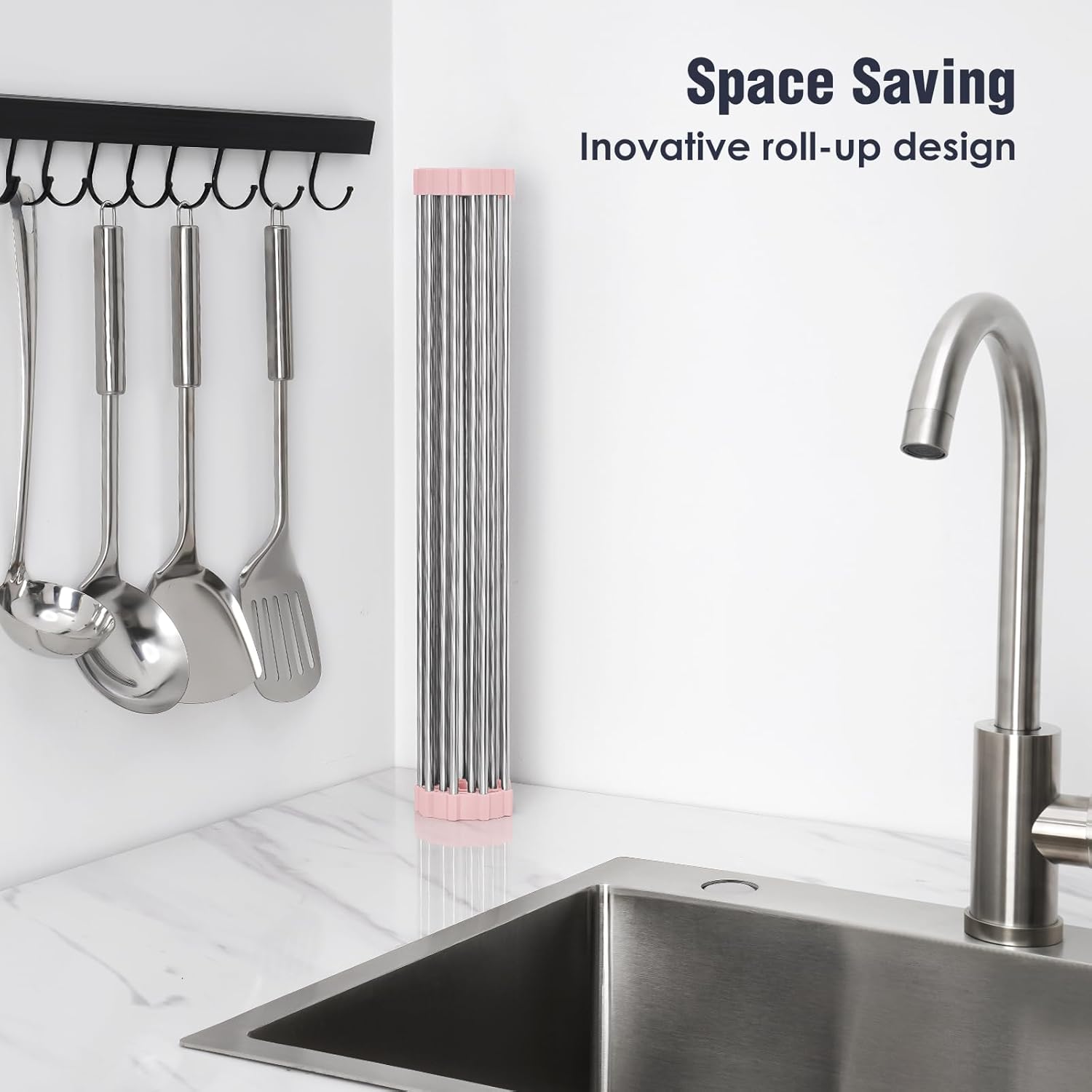 Tomorotec 17.7" x 12.5" Roll Up Dish Drying Rack Over Sink Drying Rack Sink Cover Kitchen Sink Accessories Gadget Multipurpose Organizer Foldable Stainless Steel Drainer