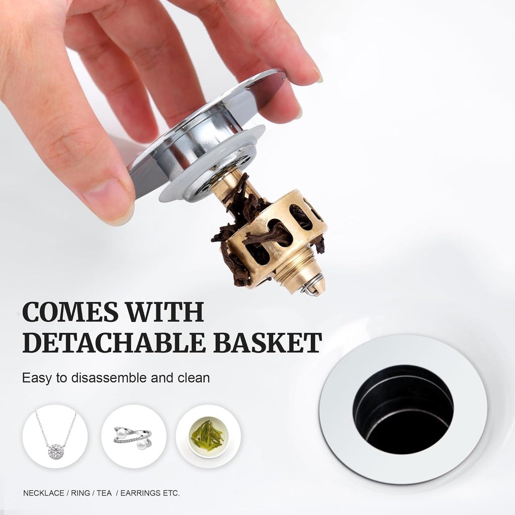 Pop up Sink Drain Stopper for Bathroom Vessel Vanity Sink Art Basin Chrome, Big Cap Without Overflow, Metal Pop-up Drain Strainer with Detachable Basket Stopper