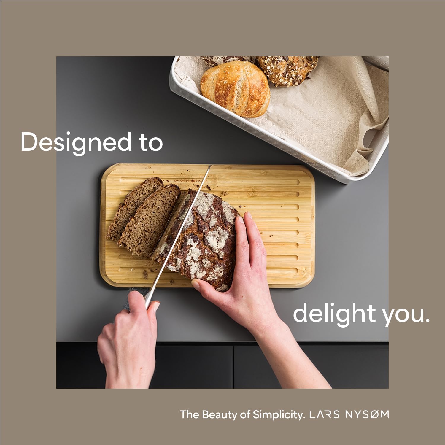 LARS NYSØM Bread Box I Metal Box with linen bag for long lasting freshness I Bread Bin with bamboo lid usable as cutting board I 13.4x7.3x5.3In (Taupe Brown)