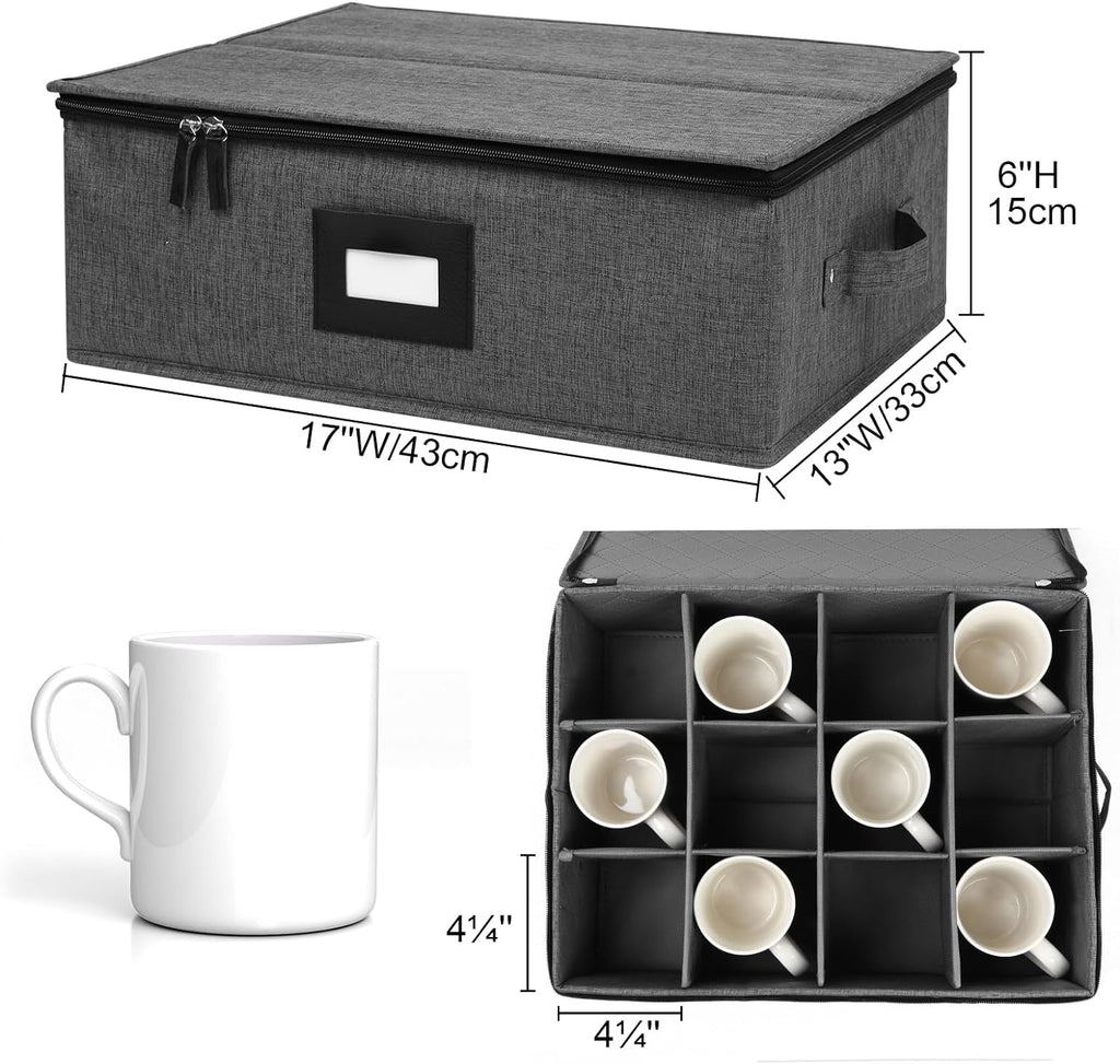 Mug Storage Box with Dividers, China Storage Containers for Tea Cups and Coffee Mugs with Zipper Lid and Rivet Reinforced Handles, Hard Shell and Stackable (Black)