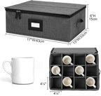 Mug Storage Box with Dividers, China Storage Containers for Tea Cups and Coffee Mugs with Zipper Lid and Rivet Reinforced Handles, Hard Shell and Stackable (Black)