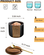 Salt Container for Countertop, Ceramic Salt Cellar with Lid & Spoon, Farmhouse Salt Bowl, 10 OZ, Black