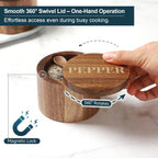 PEPPER Cellar, Acacia Wood Salt Container with Built-in Spoon & Swivel Lid, Engraved PEPPER Box, Salt Holder Bowl for Countertop Seasoning Storage