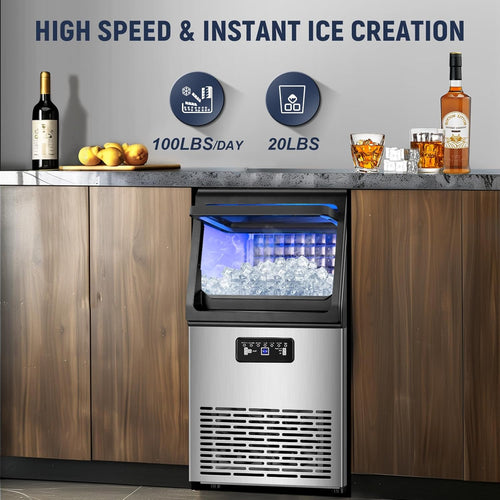 100LBS/24H High Output - Commercial Ice Maker with 20LBS Storage Bin - Dual Water Inlets, 36 Ice Cubes/Cycle, 15" Compact Undercounter/Freestanding Design - Self-Cleaning for Home Bars, Outdoor