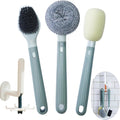 Dish Brush Set of 4 with Holder.Interchangeable Heads Kitchen Scrub Brush,Dishwashing Brush Set with Extended Handle,for Cleaning Pots,Pans,Bottles,Cups,Sinks,scrubbers for Dishes.Green