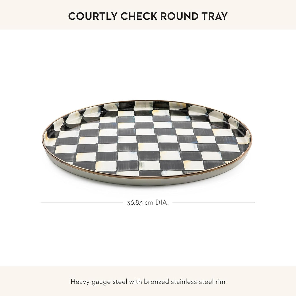 MACKENZIE-CHILDS Enamel Round Tray, Unique Serving Platter for Food and Drinks, Black-and-White Courtly Check