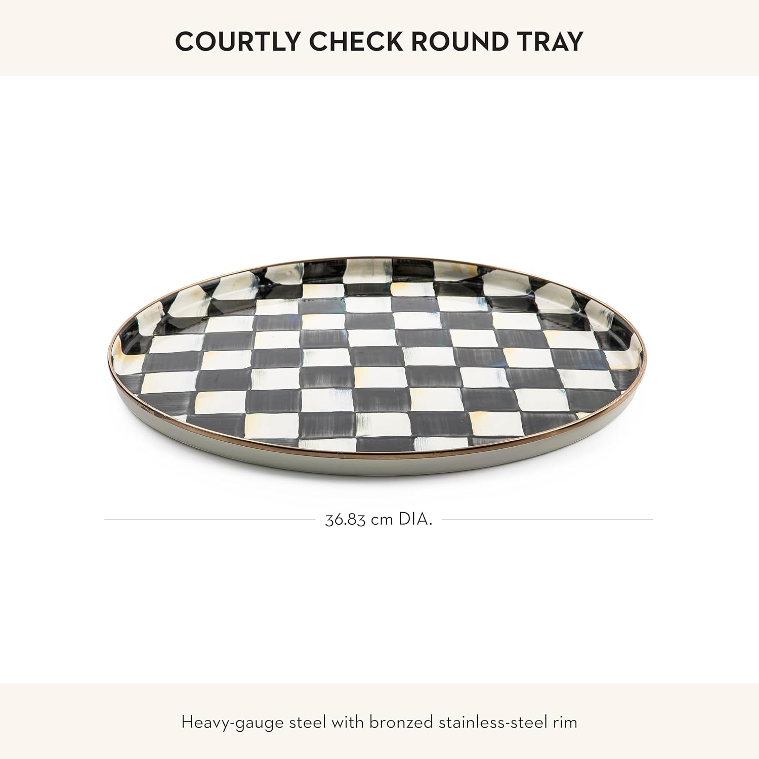 MACKENZIE-CHILDS Enamel Round Tray, Unique Serving Platter for Food and Drinks, Black-and-White Courtly Check