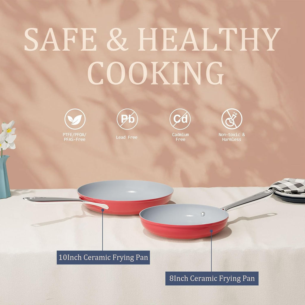 Nonstick Ceramic Frying Pan 10 Inch for Induction Cooktop - Non Toxic, PTFE/PFOA/PFAS Free, Oven & Dishwasher Safe up to 500°F - Non Stick Small Skillet with Stay-Cool Handle - Fusion Red