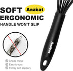 Anaeat Silicone Kitchen Whisk Set of 4, Perfect for Non-Stick Cookware, Egg Beater Milk Blender for Whisking, Cooking, Baking, Beating - 11'' Flat Whisk and 8.5''+10.5''+12'' Balloon Whisks (Black)