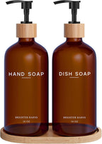 Amber Glass Hand and Dish Soap Dispenser Set by Brighter Barns - Kitchen Soap Dispenser Set with Tray - Bamboo Pump Bottles for Kitchen Sink - Modern Home Decor, Neutral Decor for Airbnb, Gift (Amber)