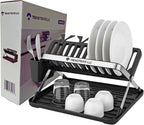 TrendTrove Foldable Dish Drying Rack – Stainless Steel Dish Rack for Kitchen Counter & Over Sink – Compact, Space-Saving Dish Drainer with Drip Tray, Utensil Holder & Plate Dividers (Black/Silver)