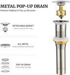Pop up Sink Drain Stopper Without Overflow Brushed Nickel for Bathroom Vessel Vanity Sink Art Basin, Big Cap Sink Drain Without Overflow, Metal Pop-up Drain Strainer with Detachable Basket Stopper