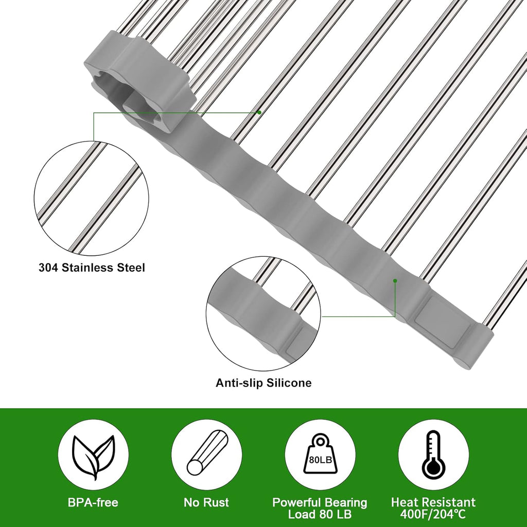 Expandable Roll Up Dish Drying Rack, 23.6"L x 15.7"W Large Stainless Steel Over The Sink Dish Drying Rack with Silicone Wrapped Anti-Slip Foldable Multipurpose Dish Drainers for Kitchen Sink