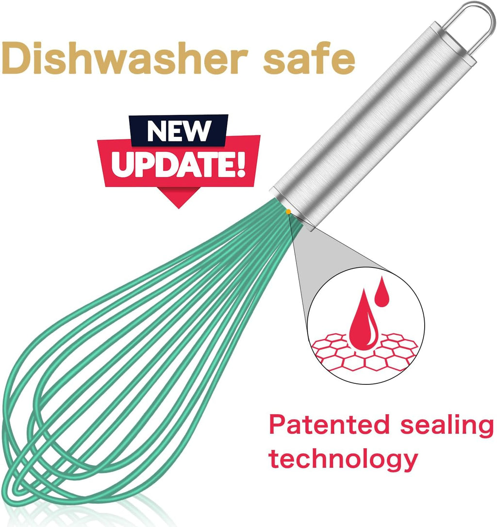 Teal Silicone Whisk, Professional Silicone Whisks For Cooking Non Scratch, Stainless Steel & Silicone Wisk,Plastic Rubber Whisk Tool for Nonstick Cookware Pans, Silicon Wisks Set of 3, Aqua