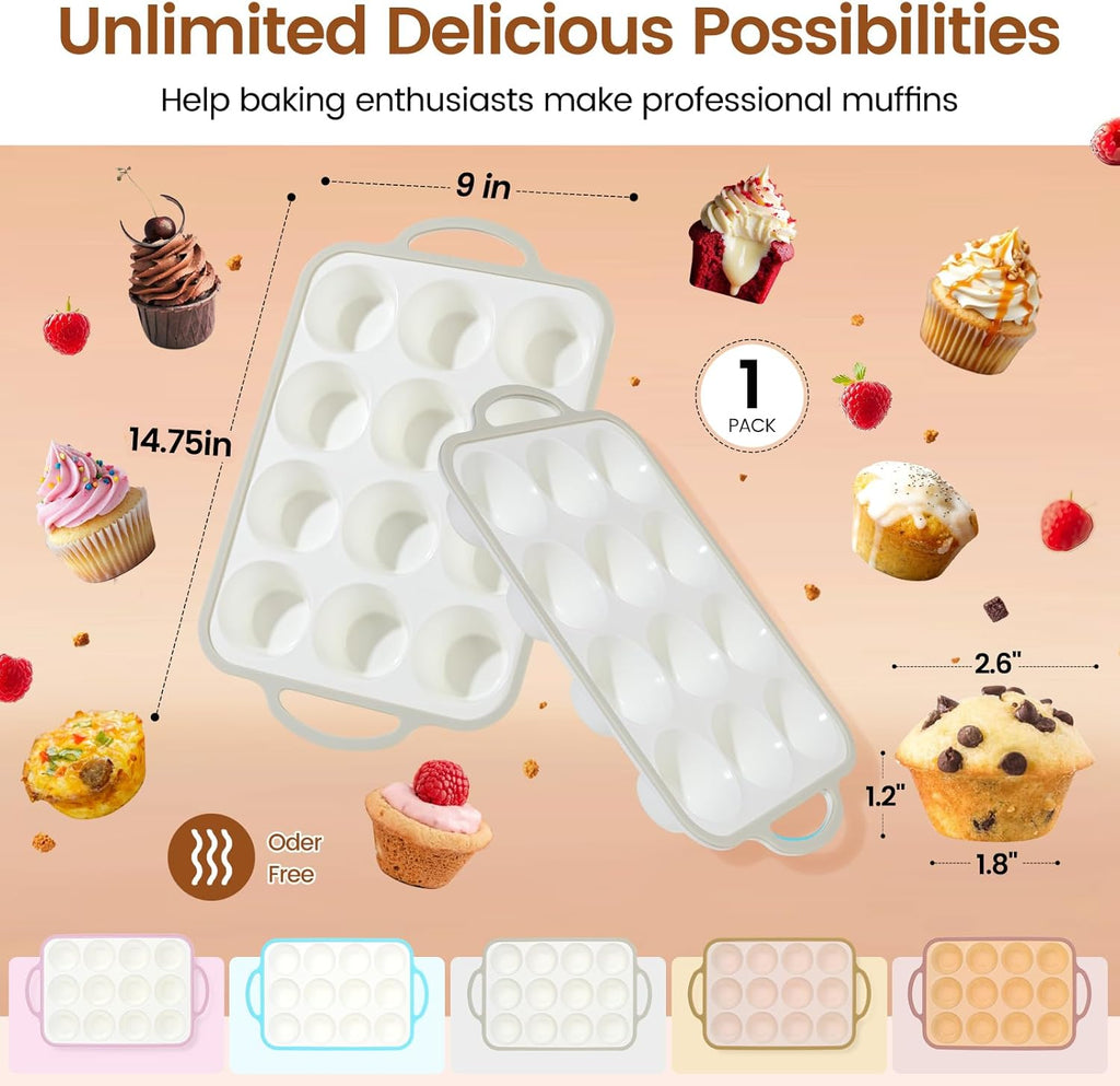 Silicone Muffin Pans for Baking 1 Pack, 2.6 Inch with Metal Reinforced Frame, Regular Size Nonstick Cupcake Pan 12 Cups for Baking Homemade Muffins, Dishwasher Safe BPA Free-Grey