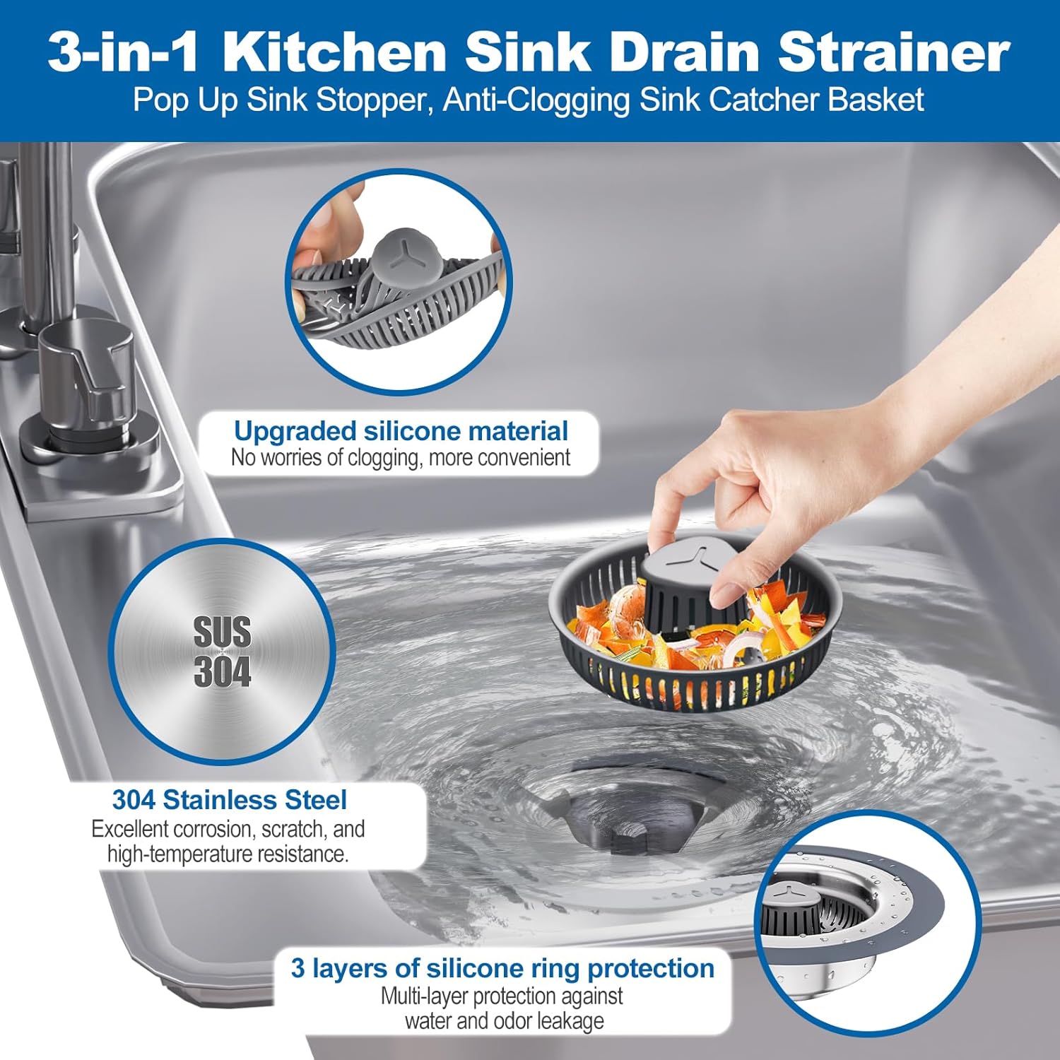 3 in 1 Universal Kitchen Sink Drain Strainer Stopper–304 Stainless Steel & Silicone Anti-Clog Basket,3-Layer Leak-Proof Ring for 3.5”US Standard Drains,Easy-Clean,Odor Isolation,No Installation