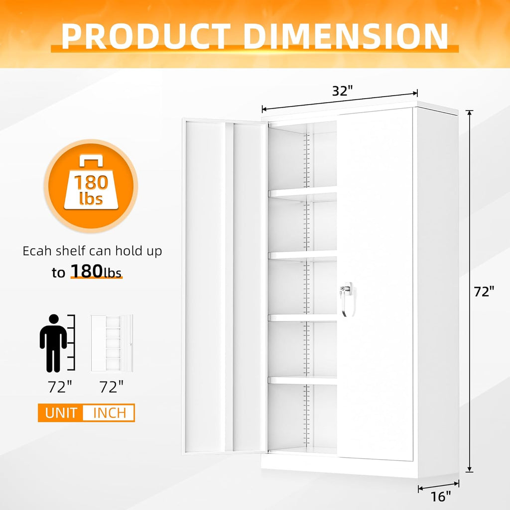 INTERGREAT Storage Cabinet, 72” Steel Locking Closet with Doors and 4 Adjustable Shelves, Tool Unit for Home Office, Garage & Tall Lockable File Cabinet, White.