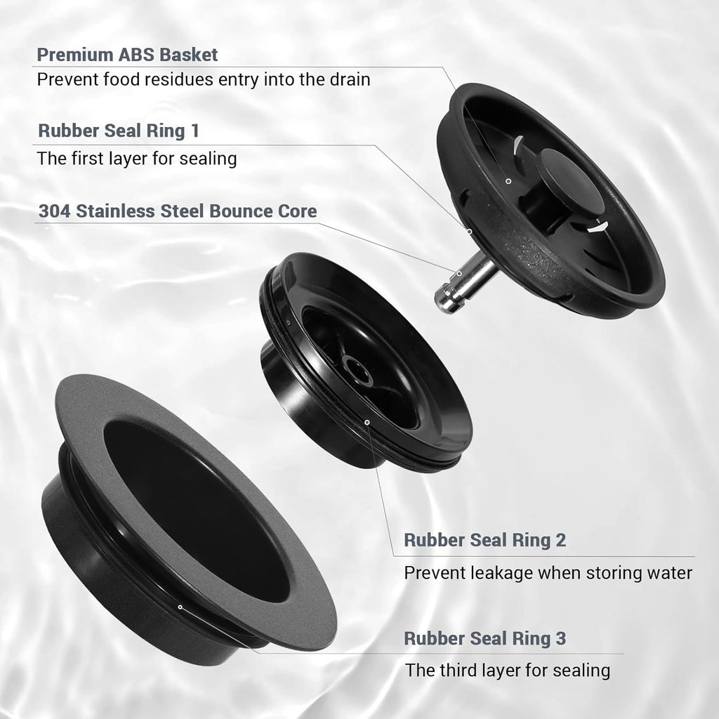 BOTEMY Garbage Disposal Strainer and Stopper with Decorative Flange - Fits Universal 3.5 Inch Standard Drain Hole, Removable Sink Drain Strainer and Stopper, Durable ABS Material (Black)