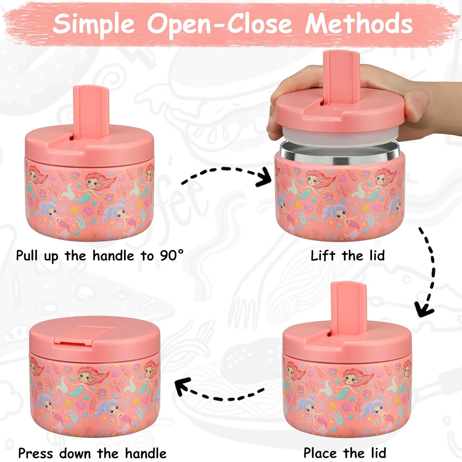 12oz Insulated Vacuum Food Jar with Buckle Lid Wide Mouth Soup Thermo for Hot Food Kids Leakproof Stainless Steel Lunch Container (mermaid)