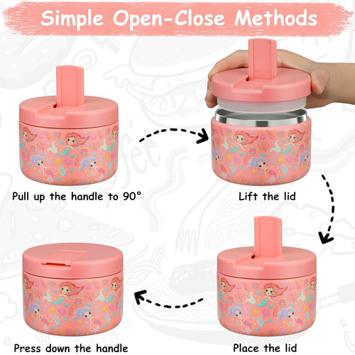 12oz Insulated Vacuum Food Jar with Buckle Lid Wide Mouth Soup Thermo for Hot Food Kids Leakproof Stainless Steel Lunch Container (mermaid)