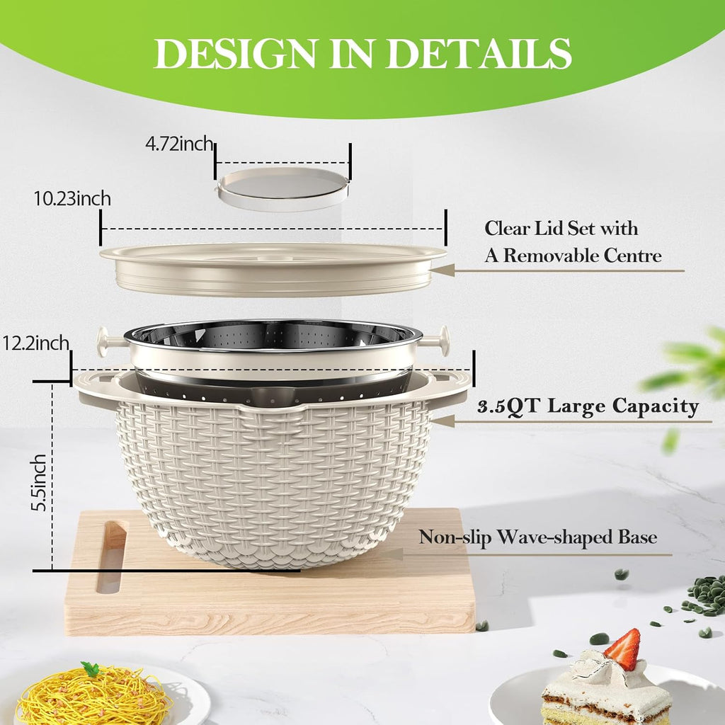 4-1 Colander with Bowl Set - Rotatable Strainers for Kitchen, Food Strainers and Colanders, Funny Presents for Women, Fruit Cleaner, Veggie Wash, Aesthetic Kitchen Gadget Essentials - Beige