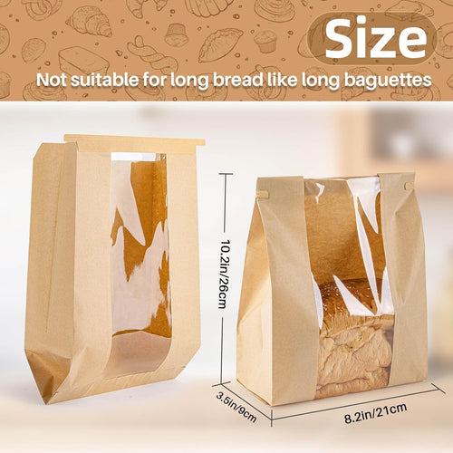100Pcs Bread Bags with Reusable Ties - Homemade Sourdough Bread Storage Bags Brown Paper Bagel Loaf Bakery Bags with Window Toast Bags with Resealable Tie Disposable Baked Goods Sale Packaging