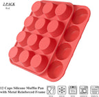 Bangp 12-Cup Silicone Muffin Pan with Metal Reinforced Frame,2 Pack Regular Size Cupcake Pan,Premium Non-Stick Bend Resistance Silicone Molds for Making Muffin,Cakes,Tart,Egg Bites (Red)