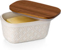 Nucookery Ceramic Butter Dish, Embossed Butter Keeper with Wood Lid for Countertop, Butter Holder and Container with Double Silicone Seal (Fan Pattern)