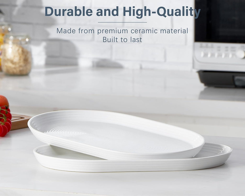 ONEMORE 16 Inch Ceramic Serving Plates for Entertaining, Set of 2 Large Oval Dinner Plates- Dishwasher Oven Safe Serving Tray for Food Meat Fish Parties- Porcelain Thanksgiving Turkey Platters - White