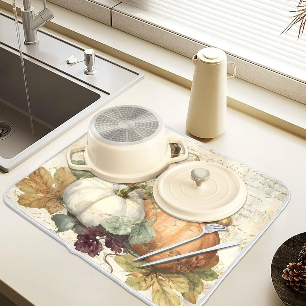 Autumn Pumpkin Fall Leaves Thanksgiving Dish Drying Mat for Kitchen Counter Absorbent Microfiber Small Drying Pad Dish mats for Kitchen Countertops 16 x 18 Inch