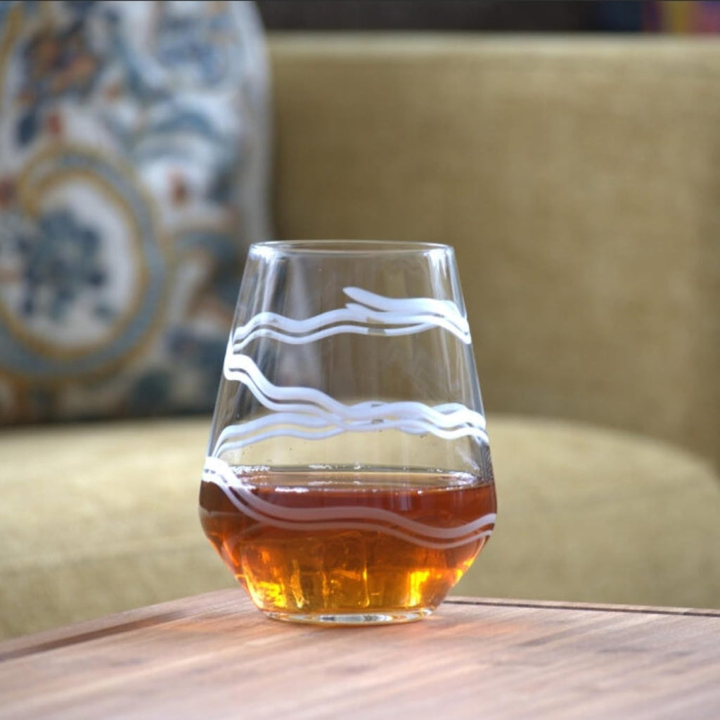 Rolf Glass Good Vibrations Stemless Wine Glass | Set of 4 Large 18oz Glasses | Lead-Free Crystal Glass | Diamond-Wheel Engraved | Proudly Made in the USA | Etched Spiral Design