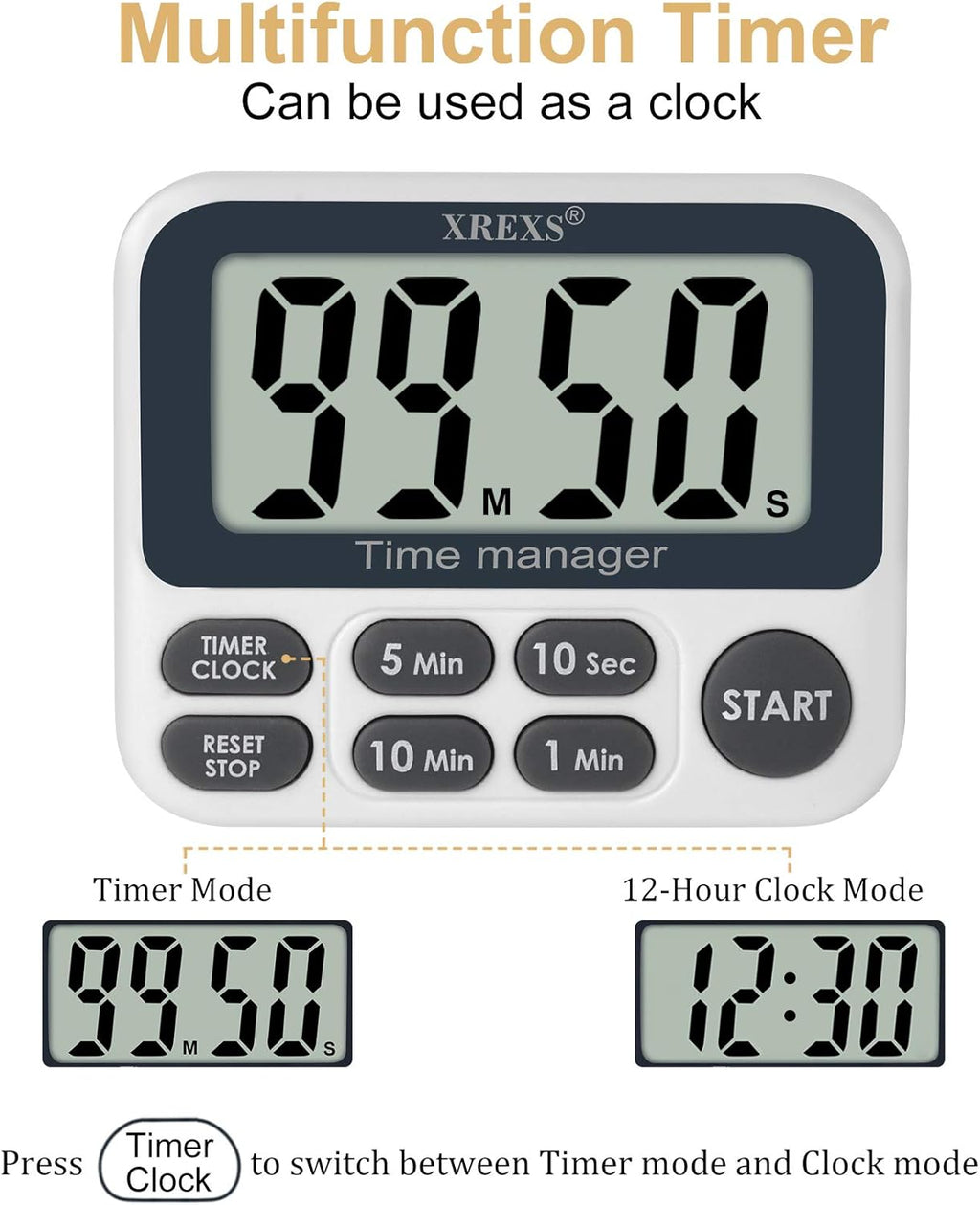XREXS Digital Kitchen Timer, Magnetic Countdown Up Cooking Timer Clock with Large LCD Display, Adjustable Volume, Loud Alarm & Strong Magnet Classroom Timer for Teachers (Batteries Included)